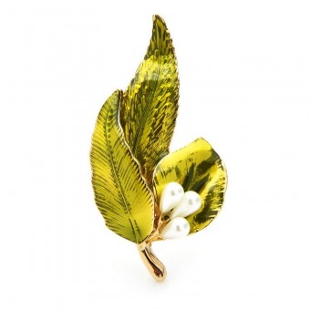 Брошка листок із перлиною зелена