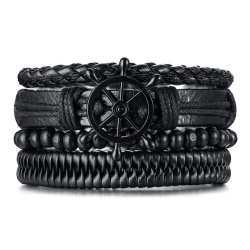 Мужской кожаный браслет Черный штурвал (набор из 4 шт)
