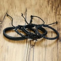 Мужской кожаный браслет Черный штурвал (набор из 4 шт)