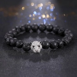 Браслет из лавового камня Леопард серебристый