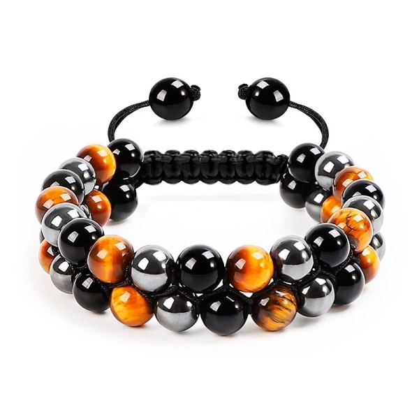 Браслет з тигрового каменю та обсидіану, гематит на затяжці шамбала lan-3014