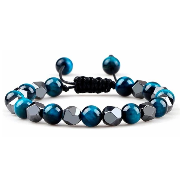 Браслет із блакитного тигрового каменю та гематиту на затяжці шамбала Грань lan-3038