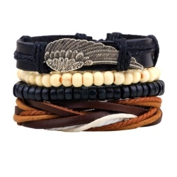 Кожаный браслет с пером (набор из 4 штук)