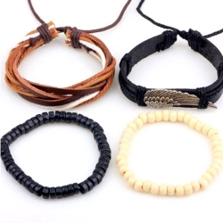 Кожаный браслет с пером (набор из 4 штук)