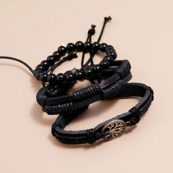 Кожаный браслет Древо жизни символ (набор из 3 штук) черный lan-2895