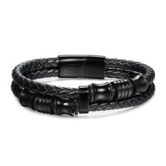 Мужской кожаный браслет со вставками из стали