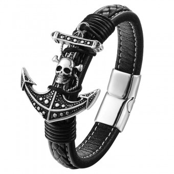 Мужской кожаный браслет Якорь с пиратским черепом