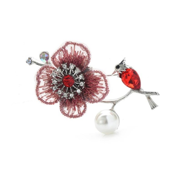 Брошь птичка на ветке с цветком