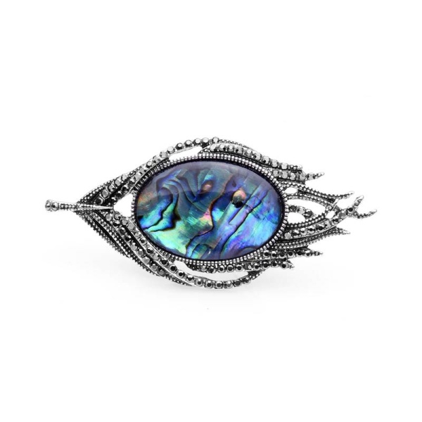 Брошь перо с натуральной ракушкой