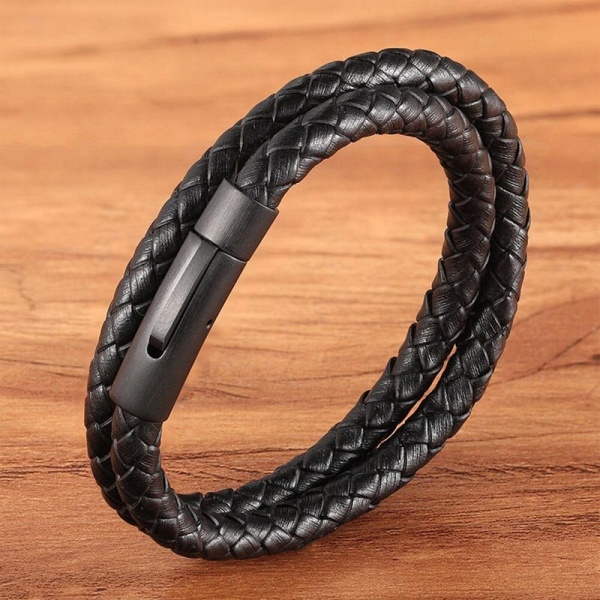 Мужской кожаный браслет Двойное Плетение классик