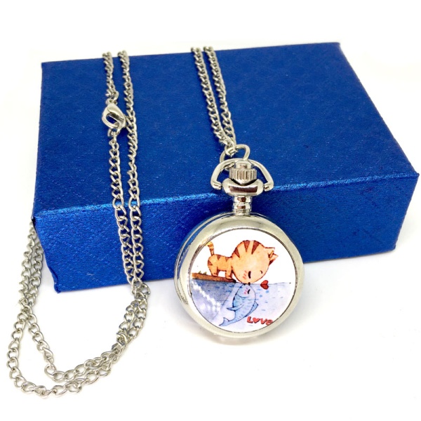 Часы кулон на цепочке Кот и рыбка