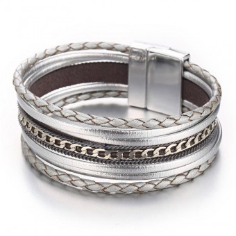 Жіночий шкіряний браслет Сріблясте плетіння lan-3193