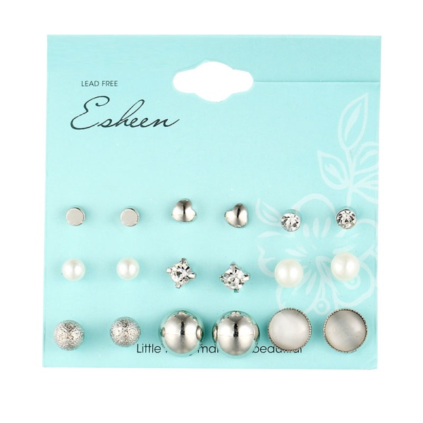 Серьги гвоздики Ассорти серебристого цвета (набор из 9 штук)