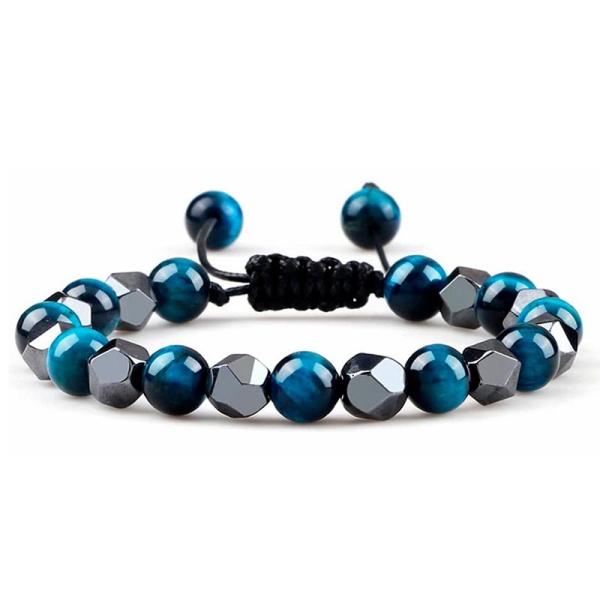 Браслет із блакитного тигрового каменю та гематиту на затяжці шамбала Грань lan-3038