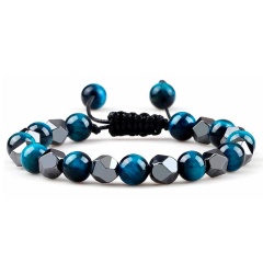 Браслет из голубого тигрового камня и гематита на затяжке шамбала Грань lan-3038