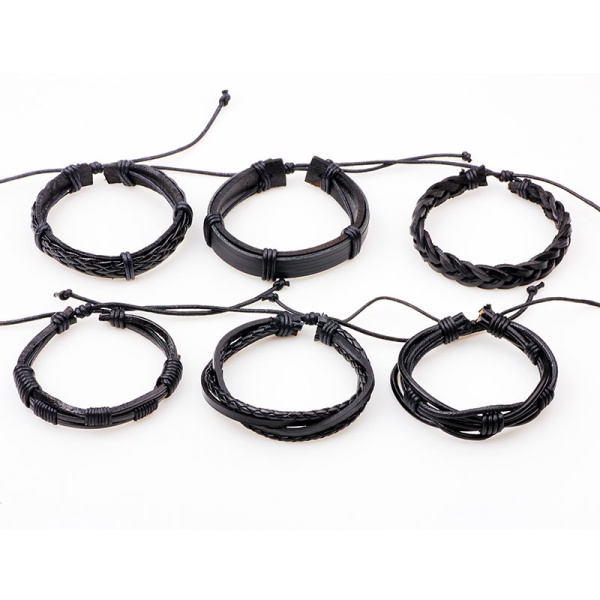 Шкіряний браслет чорний набір з 6 штук