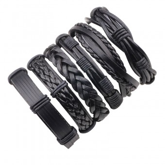 Кожаный браслет плетеный черный набор из 6 штук
