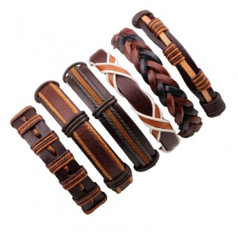 Кожаный браслет коричневый набор из 6 штук