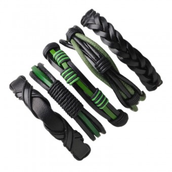 Шкіряний набір браслетів – зелений із чорним з 5 штук