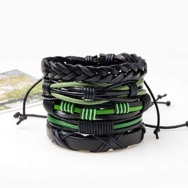 Кожаный набор браслетов – зеленый с черным из 5 штук
