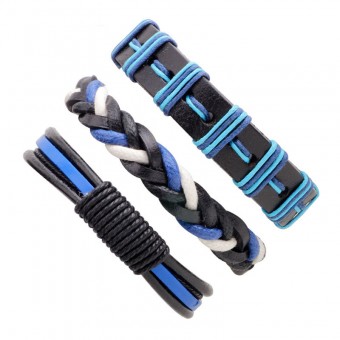 Кожаный набор браслетов – синий с черным из 3 штук