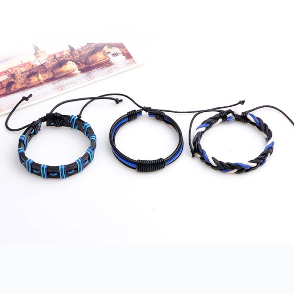Кожаный набор браслетов – синий с черным из 3 штук