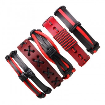 Кожаный набор браслетов – красный с черным из 5 штук