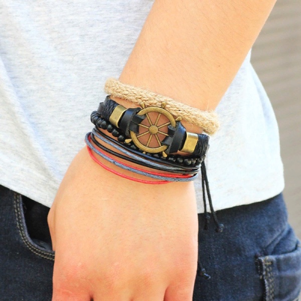 Шкіряний браслет з корабельним штурвалом (набір із 4 шт)