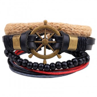 Кожаный браслет с корабельным штурвалом (набор из 4 шт)