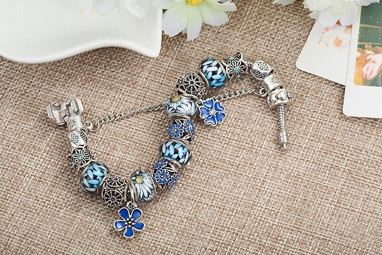 Браслет в стиле пандора Синие Цветы