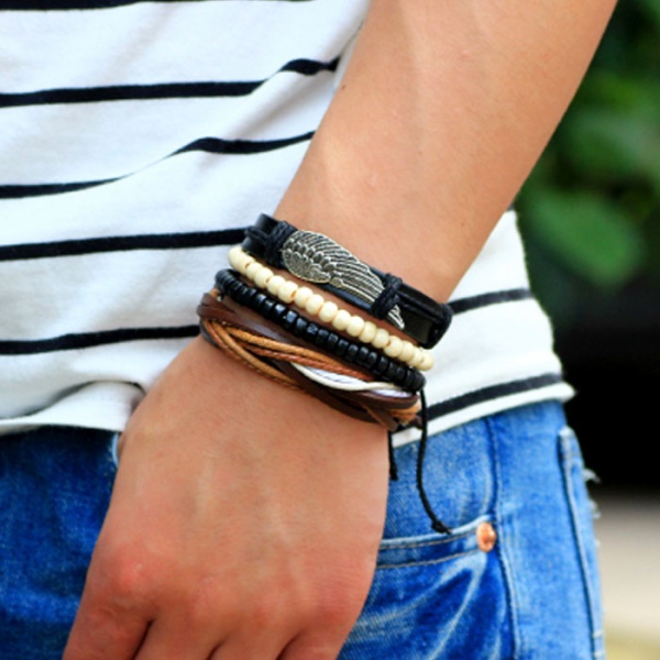 Шкіряний браслет із пером (набір з 4 штук)