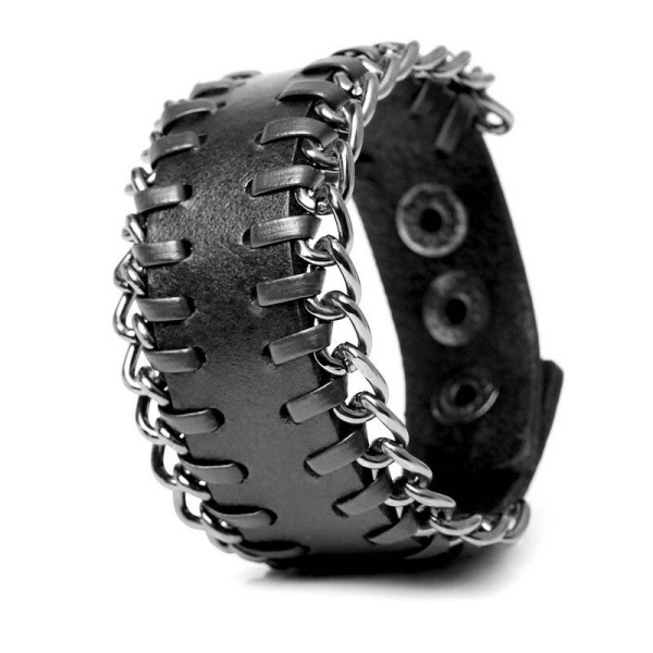 Кожаный браслет со стальной цепочкой Steel