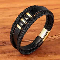 Мужской кожаный браслет Тандем Gold and Black lan-3069