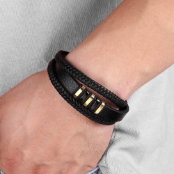 Мужской кожаный браслет Тандем Gold and Black lan-3069