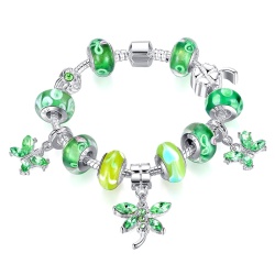Браслет Пандора посеребренный Стрекоза зелёного цвета