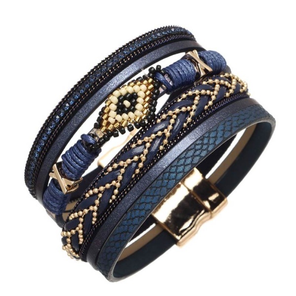 Синий женский кожаный браслет Орнамент
