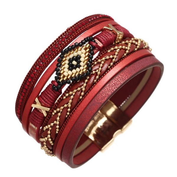 Червоний жіночий шкіряний браслет Орнамент