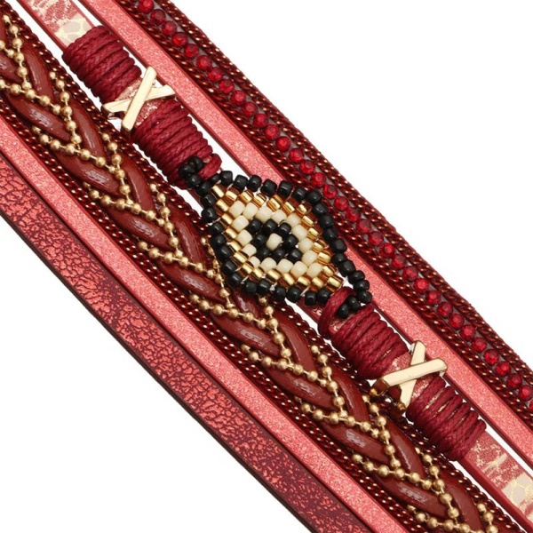 Червоний жіночий шкіряний браслет Орнамент