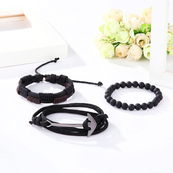 Кожаный браслет Якорь набор из 3 шт