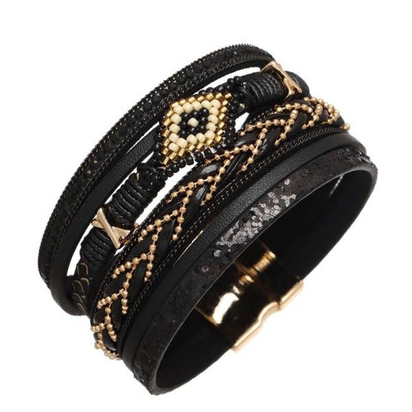Чорний жіночий шкіряний браслет Орнамент