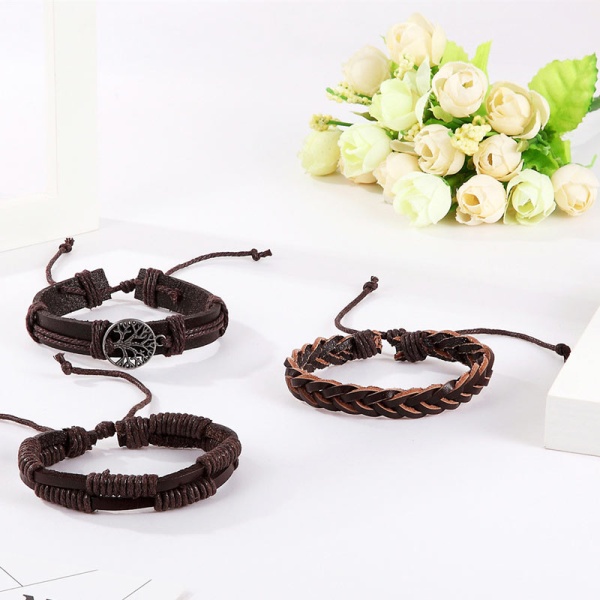 Шкіряний браслет дерево життя символ (набір з 3 штук) чорний lan-2895